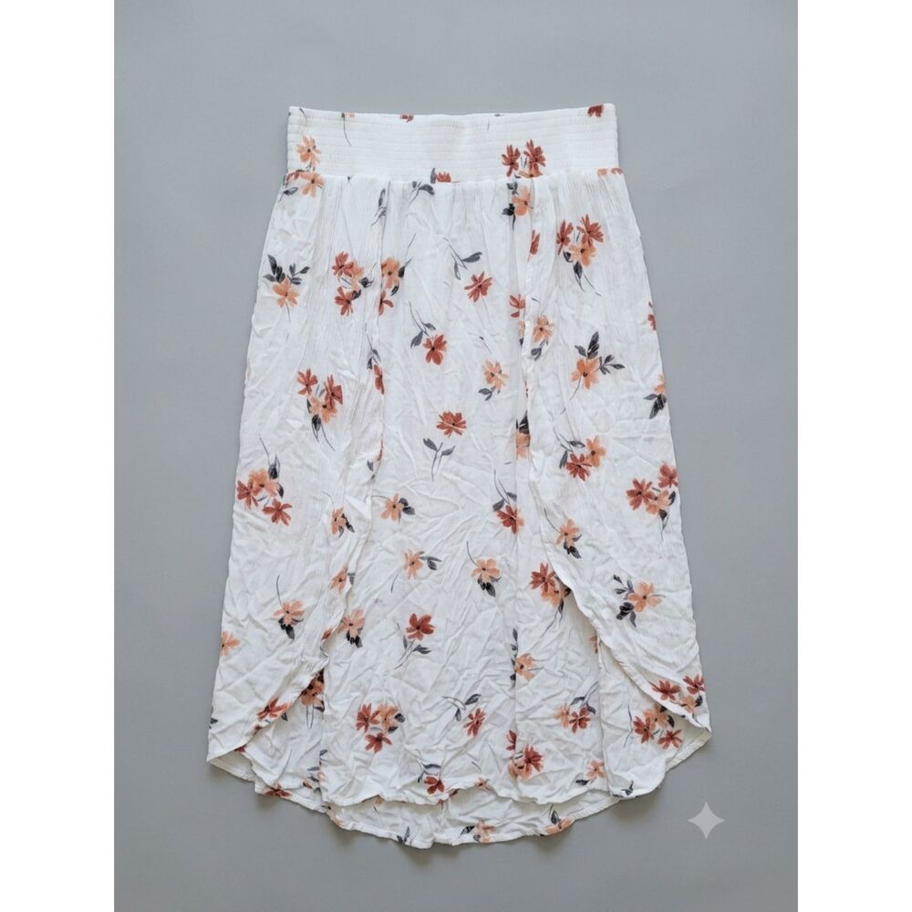 Torrid Floral High Low Maxi Skirt White Rust Orange Smocked Waist 2X Size 2